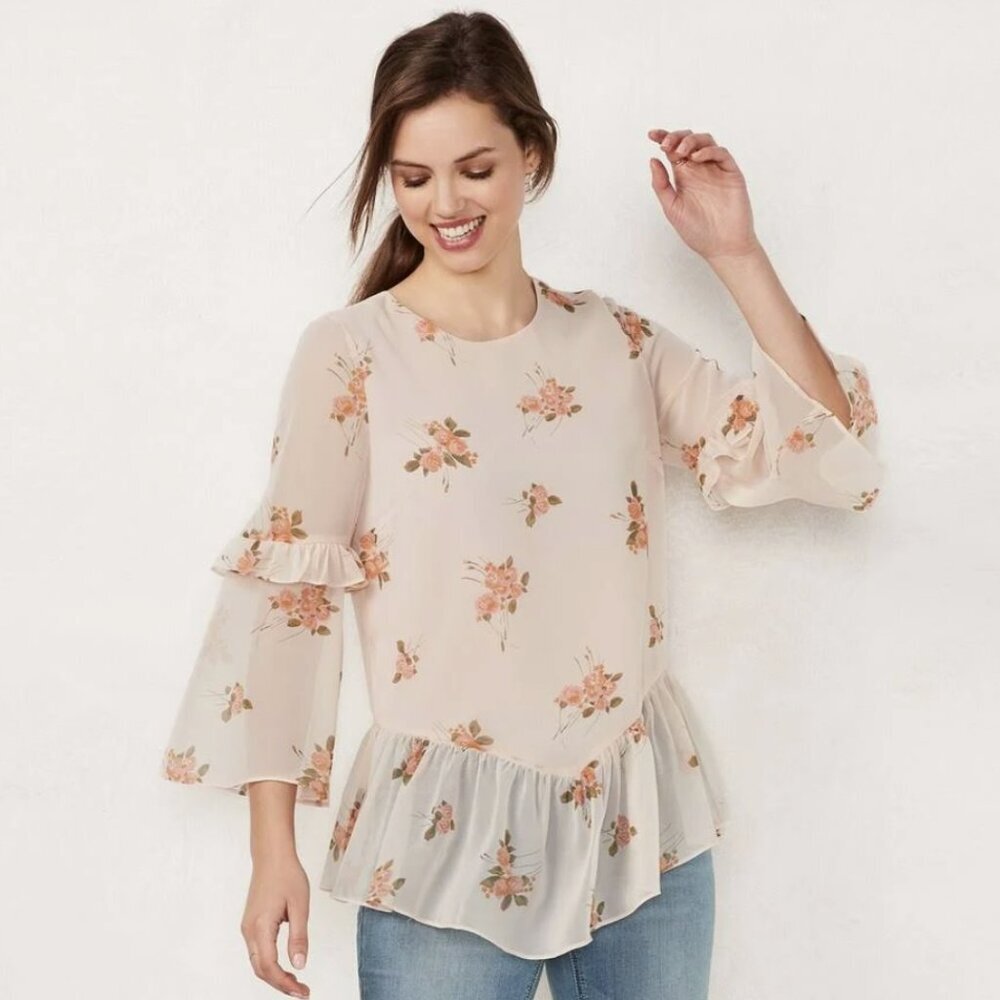 New LC Lauren Conrad XL Floral Cream Blush Ruffle Chiffon Feminine Blouse